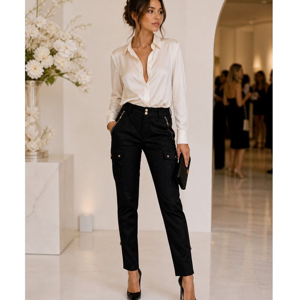 Seventy Two Changes Chic Shiny Cargo Pants Roll Tab Convertible Black Size 4